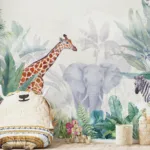 A sweet safari nursery wall decal featuring giraffe, elephant, and zebra artwork, perfect for baby rooms and kids decor inspired by San Diego nurseries.