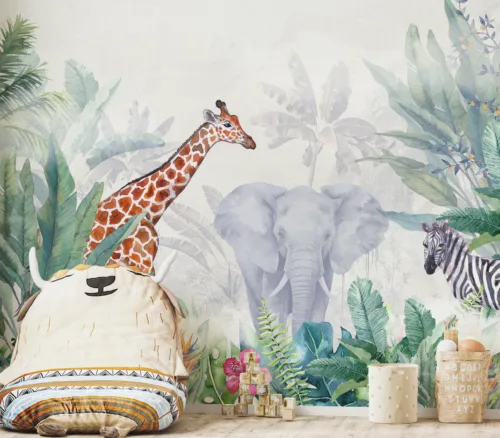 A sweet safari nursery wall decal featuring giraffe, elephant, and zebra artwork, perfect for baby rooms and kids decor inspired by San Diego nurseries.