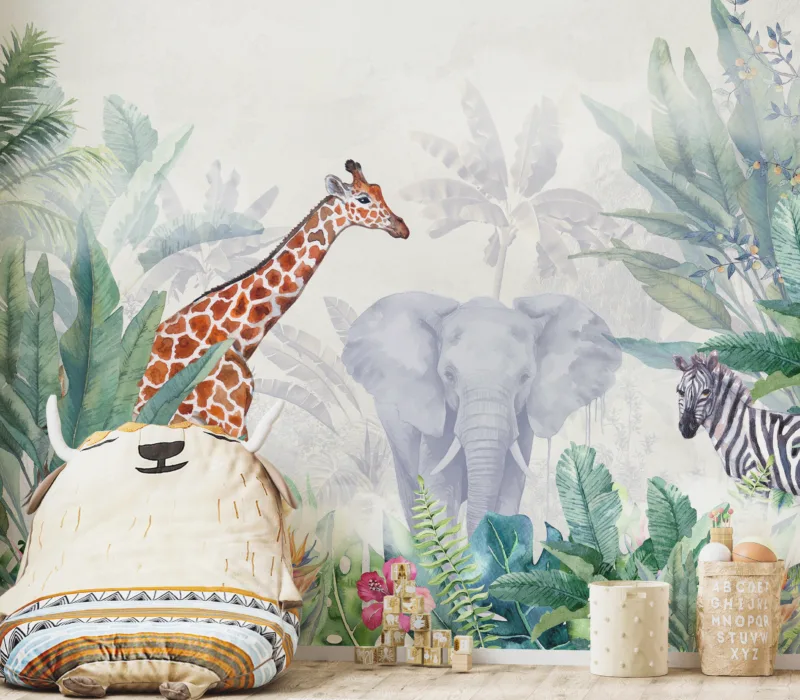 A sweet safari nursery wall decal featuring giraffe, elephant, and zebra artwork, perfect for baby rooms and kids decor inspired by San Diego nurseries.