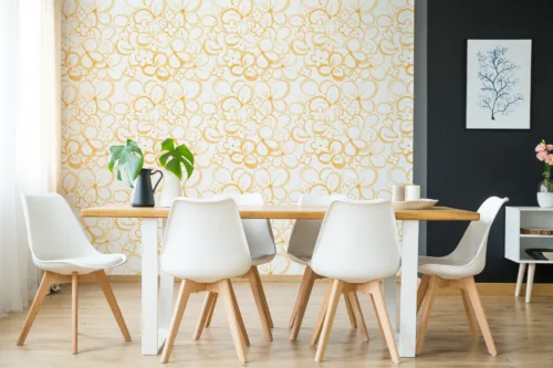 Luxurious golden floral removable wallpaper mural in Los Angeles homes — perfect vinyl wall art for bedroom decor.