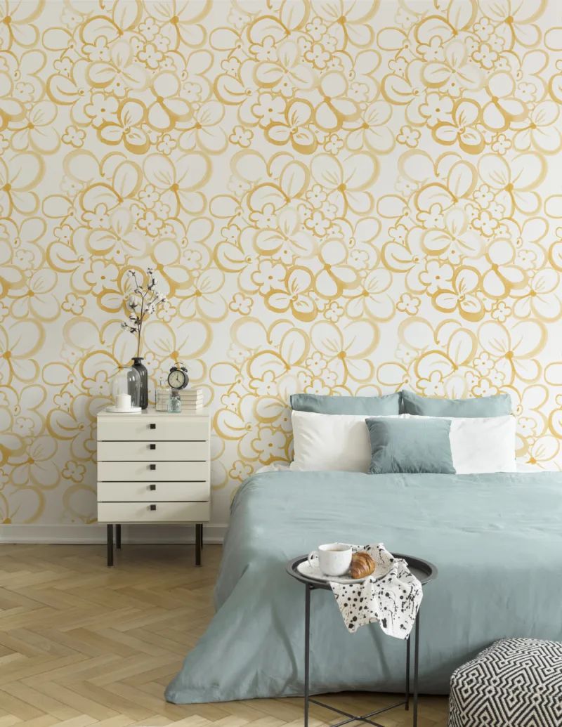 Elegant golden yellow botanical wallpaper for bedrooms — peel and stick vinyl mural designed for city homes seeking a rich floral wall statement.