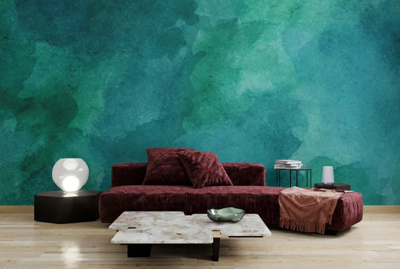 Artistic green and blue peel and stick wallpaper mural for Modern homes, ideal for accent walls and modern living room interior transformations.