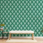 Retro green floral vinyl wallpaper that enhances living rooms with a warm accent style, influenced by the creative décor mood of homes.