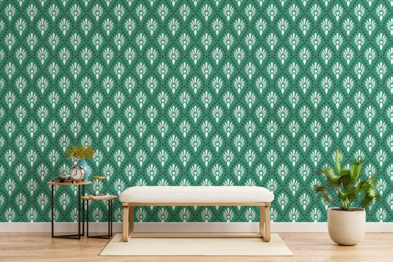 Retro green floral vinyl wallpaper that enhances living rooms with a warm accent style, influenced by the creative décor mood of homes.