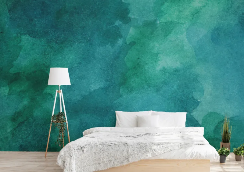 Soft green watercolor vinyl peel and stick wall mural for Boston interiors, offering smooth finish and perfect touch of elegance to modern walls.