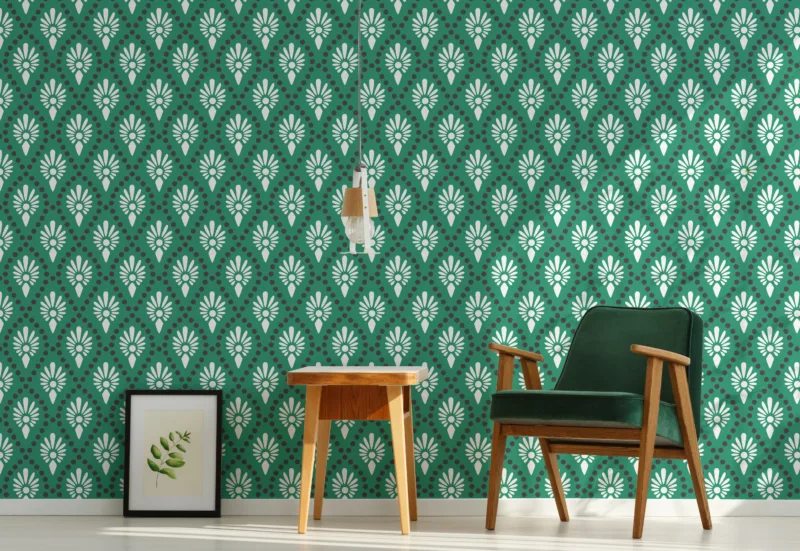 Artistic green and white peel and stick wallpaper for DIY décor lovers, offering a clean modern look inspired by London contemporary interiors.