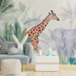 Vibrant removable safari jungle wall mural for kids’ rooms, adding adventure and color, designed to match modern family spaces.
