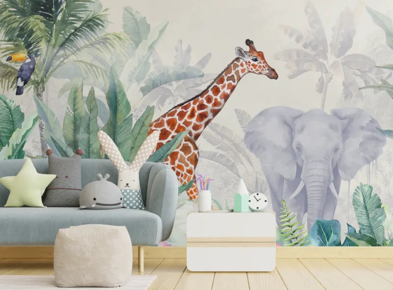 Vibrant removable safari jungle wall mural for kids’ rooms, adding adventure and color, designed to match modern family spaces.