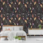 Maximalist leaf wall mural with dark background, fits San Francisco and Kuwait City homes craving bold colorful elegance.