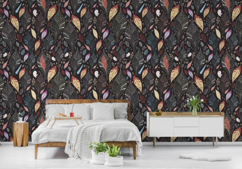 Maximalist leaf wall mural with dark background, fits San Francisco and Kuwait City homes craving bold colorful elegance.