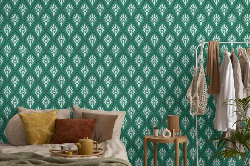 Midcentury green burst removable wallpaper ideal for stylish kitchen updates, blending classic design with the artistic feel of Berlin homes.