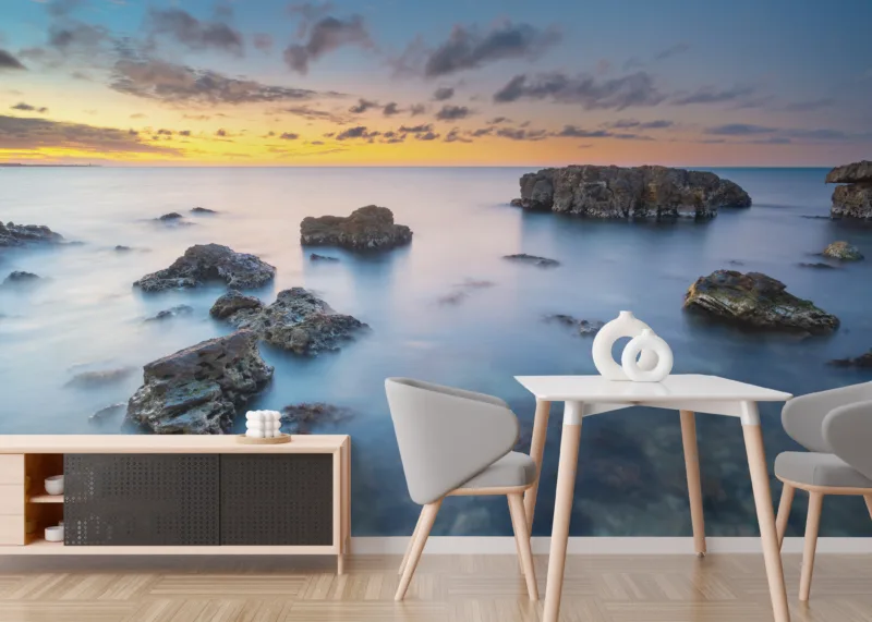 Minimalist sunset seascape print with smooth gradient ocean hues, adding a modern and calming touch to walls.