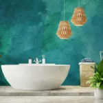 Luxury ocean teal watercolor peel and stick wall covering designed for Los Angeles homes, giving coastal bedroom vibes and sophisticated art appeal.