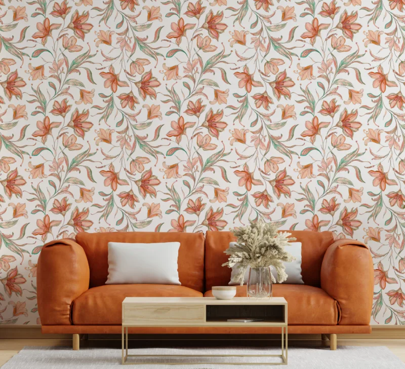 Orange and pink lily botanical vinyl wall mural decal bringing a interior vibe with soft floral patterns perfect for modern decorative walls