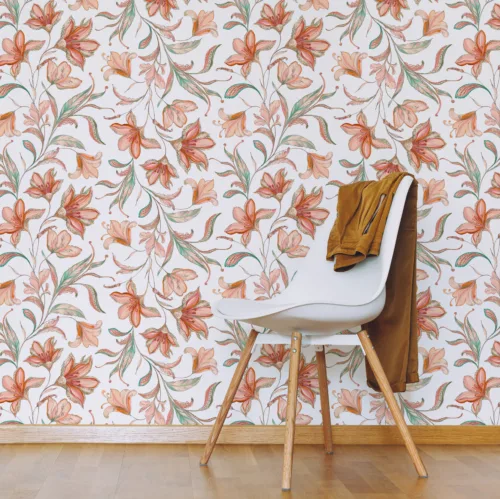 Watercolor lily peel and stick floral wallpaper offering soft bedroom elegance inspired by Melbourne style décor with delicate botanical artistic tones