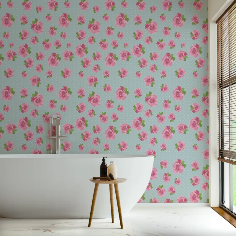 Peel and stick floral wallpaper in gentle pink and blue shades, designed for Philadelphia nurseries and bedrooms with a refined feminine touch.