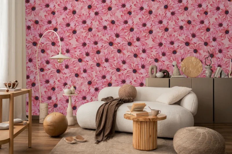 Pretty pink daisy wallpaper ideal for boho home Decor and bedroom makeovers.