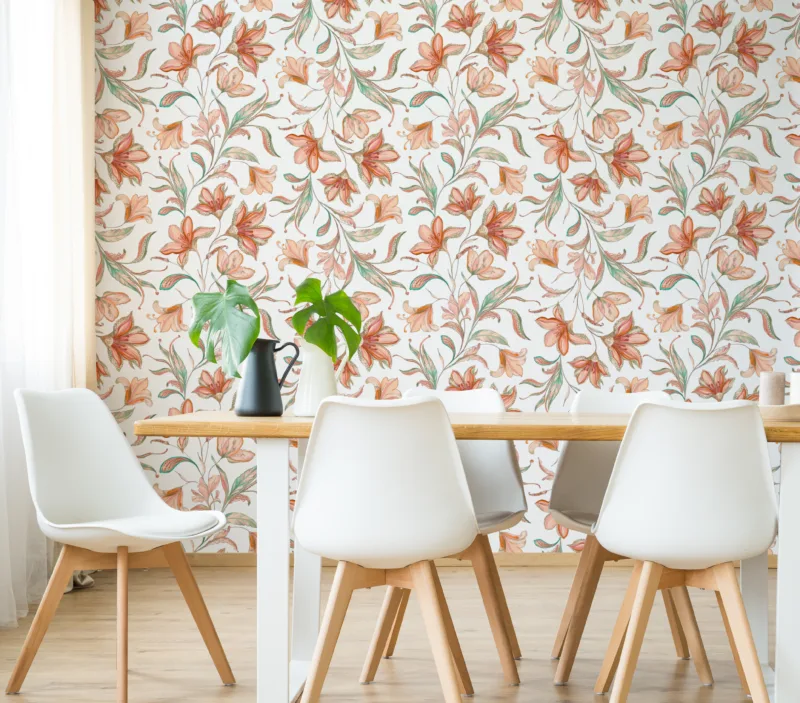 Pink and orange floral vinyl peel and stick wall mural adding a Paris interior charm with soft botanical tones for stylish modern decorative room walls