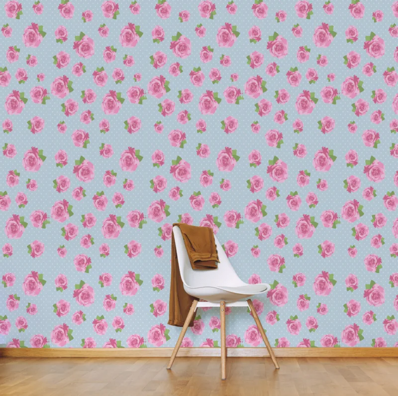 Romantic pink rose vintage wallpaper with blue floral details, ideal for London cottages and bedrooms, offering an easy peel and stick home update.