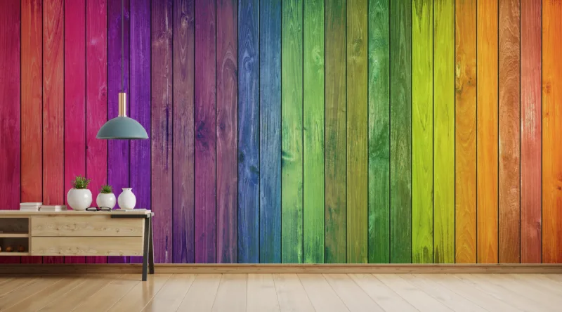 Rainbow handcrafted wooden wall panel for San Francisco and Riyadh interiors, creating a warm rustic accent ideal for modern artistic home walls.