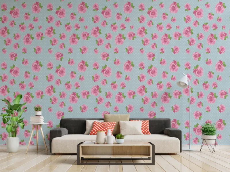 Removable pink floral wallpaper with blue vintage tones, perfect for Sydney interiors to refresh bedrooms and walls with easy peel and stick charm.