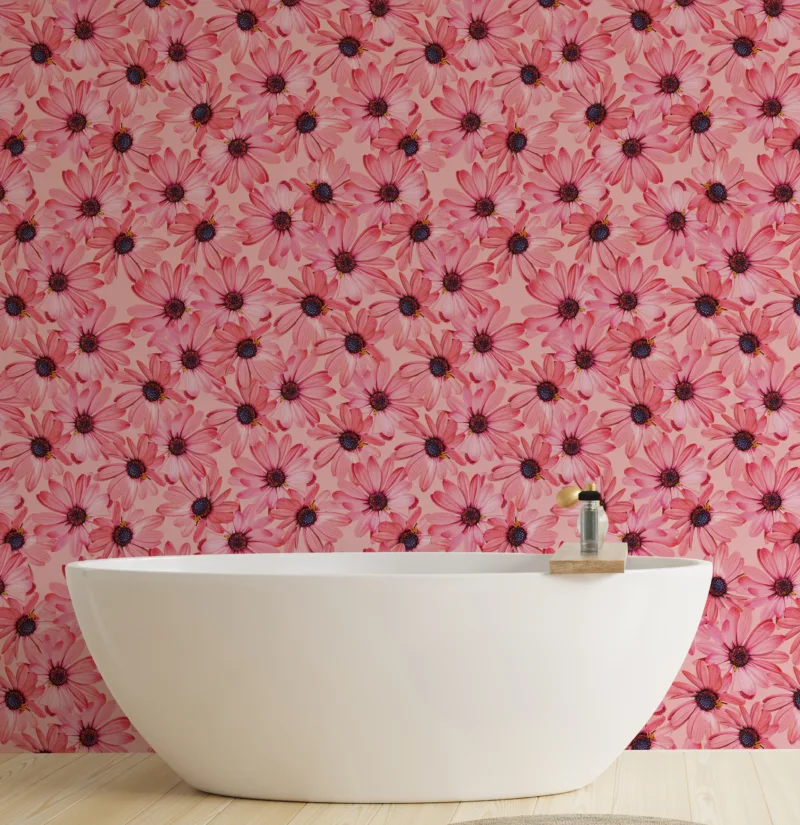Modern repeat daisy floral wallpaper for DIY décor and home renovation, loved across Philadelphia and Kuwait homes.