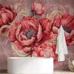 Romantic pink peony vinyl wall mural ideal for cozy bedrooms and boutique setups, interior style searches.