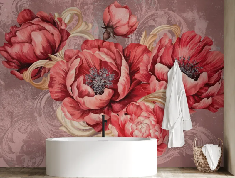 Romantic pink peony vinyl wall mural ideal for cozy bedrooms and boutique setups, interior style searches.