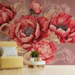 Soft botanical peony mural with romantic tones, suitable for calm spaces and trending interior.