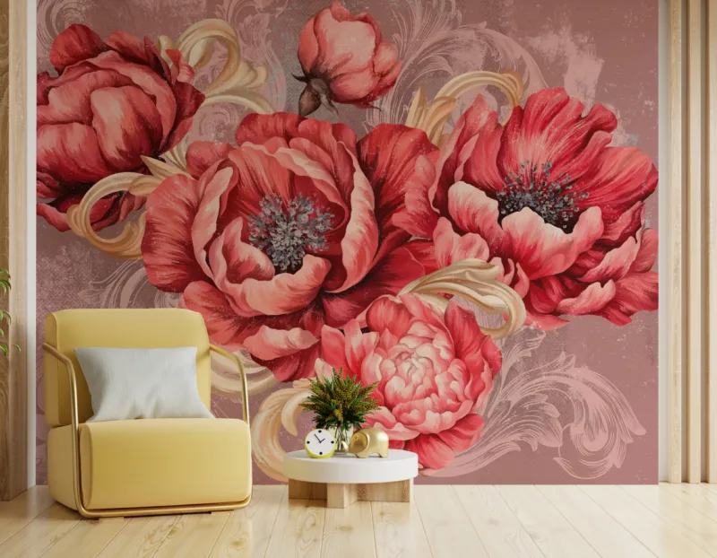 Soft botanical peony mural with romantic tones, suitable for calm spaces and trending interior.