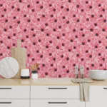 Soft pink daisy botanical peel and stick wallpaper brings a floral calm to Denver, Doha, or Manchester interiors.