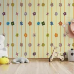 Brighten your walls with this striped yellow floral wallpaper, featuring a removable peel and stick design ideal for Newyork kids’ rooms or cheerful nurseries.