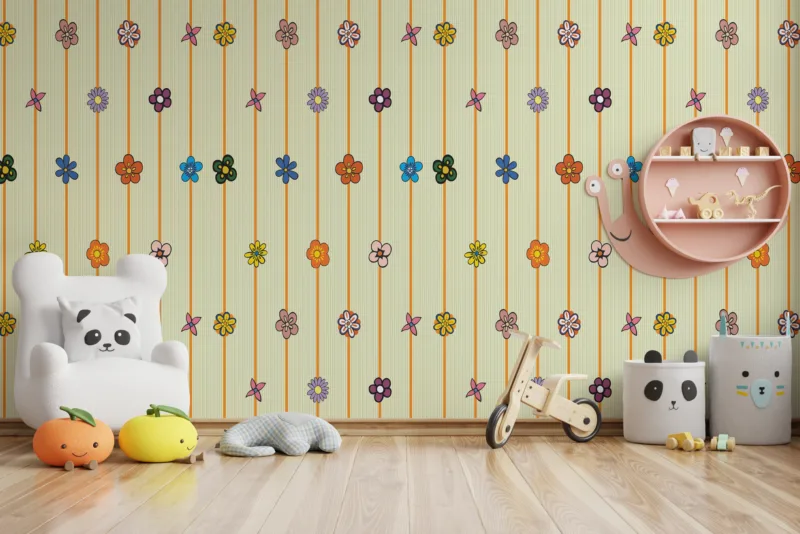 Brighten your walls with this striped yellow floral wallpaper, featuring a removable peel and stick design ideal for Newyork kids’ rooms or cheerful nurseries.