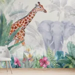 Tropical jungle nursery mural with soft greenery and friendly safari animals, perfect for calming children’s rooms inspired by Barcelona, Spain styles.