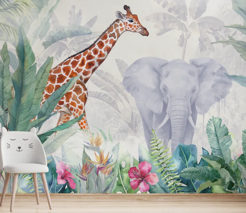Tropical jungle nursery mural with soft greenery and friendly safari animals, perfect for calming children’s rooms inspired by Barcelona, Spain styles.