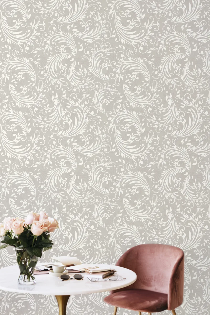 Neutral vintage damask peel and stick wallpaper with elegant scroll design bringing a timeless deco update to London apartments and modern homes.