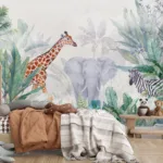 Beautiful watercolor safari nursery mural featuring gentle elephants, giraffes, and zebras, ideal for minimal baby room deocration loved.