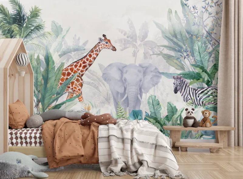 Beautiful watercolor safari nursery mural featuring gentle elephants, giraffes, and zebras, ideal for minimal baby room deocration loved.