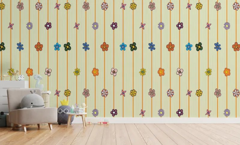 Add natural charm to your nursery or kids’ room with this yellow botanical wallpaper featuring floral accents that inspire creativity and calm. This Wallpaper Best for the Kuwait Kids Room Wall.
